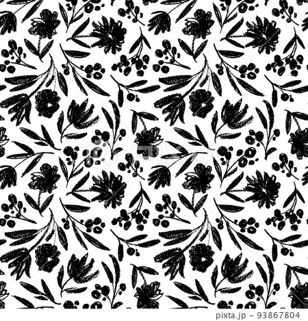 Seamless pattern with charcoal flowers and branch Seamless pattern with charcoal flowers and branch 93867804