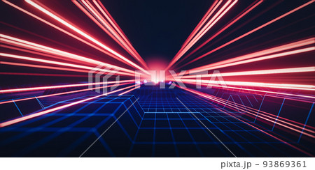 3d rendering abstract technology background. Red light trail with neon wireframe landscape. 3d rendering abstract technology background. Red light trail with neon wireframe landscape. 93869361
