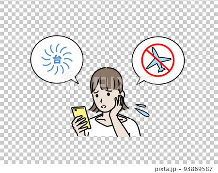 因颱風旅行問題而苦惱的年輕女子無法登機被取消的航班插圖 93869587
