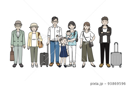 春旅　旅行に行く人々　家族旅行　帰省　観光客　春休み　イラスト 93869596