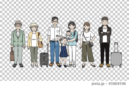 春旅　旅行に行く人々　家族旅行　帰省　観光客　春休み　イラスト 93869596