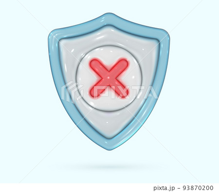 3d glossy shield in realistic style. Glass screen with cross wrong symbol. Security, guaranteed, medical protection icon. Vector render design elements. 93870200