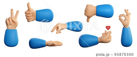 Human hands set in 3d cartoon style. Different fingers gesture for business and product concept. 3d high quality render isolated on white background. 93870300