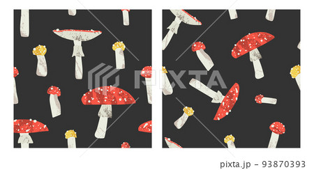 Red and yellow fly agaric, amanita muscaria. Poisonous inedible mushroom. Autumn seasonal forest fungi isolated on white. Vector flat cartoon illustration, seamless pattern, fall background 93870393