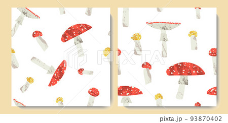 Red and yellow fly agaric, amanita muscaria. Poisonous inedible mushroom. Autumn seasonal forest fungi isolated on white. Vector flat cartoon illustration, seamless pattern, fall background Red and yellow fly agaric, amanita muscaria. Poisonous inedible mushroom. Autumn seasonal forest fungi isolated on white. Vector flat cartoon illustration, seamless pattern, fall background 93870402
