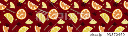 Christmas mulled red wine with citrus fruit, apple, cinnamon, clove, cardamom and anise. Sangria. Winter hot drink. Traditional xmas beverage. Vector seamless pattern, flat cartoon style 93870460