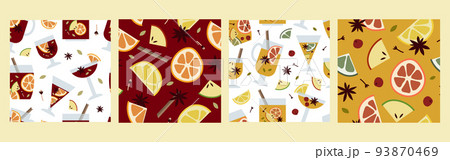 Christmas mulled wine with citrus fruit, apple, cinnamon, clove, cardamom, anise. Red and white wine, sangria, apple cider. Winter hot drink. Traditional xmas beverage. Vector cartoon seamless pattern 93870469