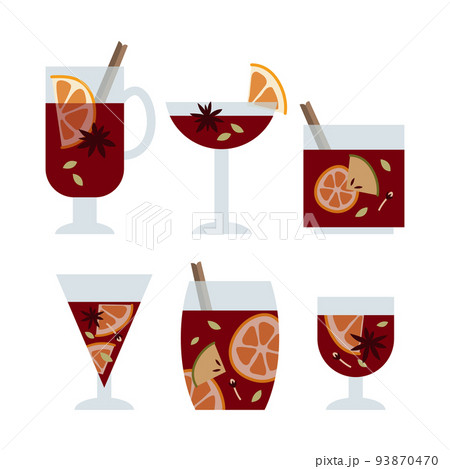 Christmas mulled red wine with citrus fruit, apple, cinnamon, clove, cardamom and anise. Sangria. Winter hot drink. Traditional xmas beverage. Vector flat cartoon illustration 93870470