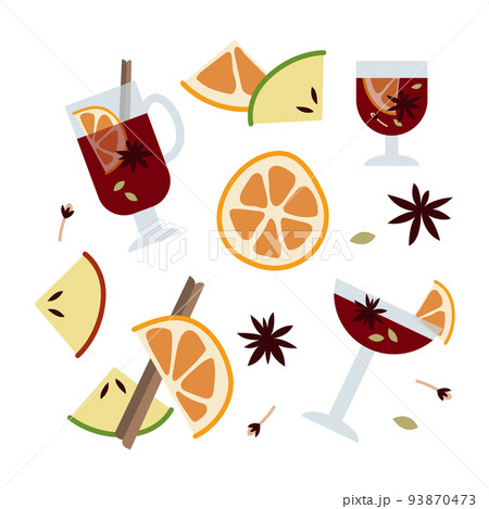 Christmas mulled wine with citrus fruit, apple, cinnamon, clove, cardamom and anise. Winter hot drink in glass. Sangria, apple cider. Traditional xmas beverage. Vector illustration, flat cartoon style 93870473