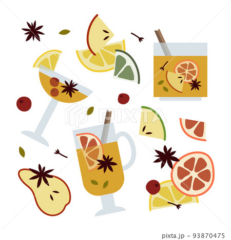 Christmas mulled wine with citrus fruit, apple, cinnamon, clove, cardamom and anise. Winter hot drink in glass. Sangria, apple cider. Traditional xmas beverage. Vector illustration, flat cartoon style Christmas mulled wine with citrus fruit, apple, cinnamon, clove, cardamom and anise. Winter hot drink in glass. Sangria, apple cider. Traditional xmas beverage. Vector illustration, flat cartoon style 93870475