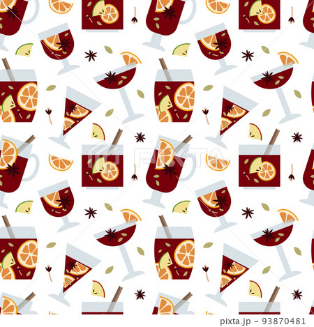 Christmas mulled red wine with citrus fruit, apple, cinnamon, clove, cardamom and anise. Sangria. Winter hot drink in glass. Traditional xmas beverage. Vector seamless pattern, flat cartoon style 93870481