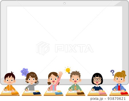 空欄のタブレットと様々な表情で授業を受ける小学生の男女 空欄のタブレットと様々な表情で授業を受ける小学生の男女 93870621