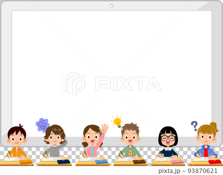 空欄のタブレットと様々な表情で授業を受ける小学生の男女 空欄のタブレットと様々な表情で授業を受ける小学生の男女 93870621