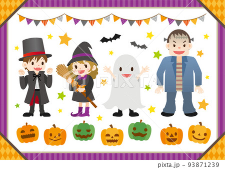 ハロウィンのキャラクター4人とかぼちゃ ハロウィンのキャラクター4人とかぼちゃ 93871239