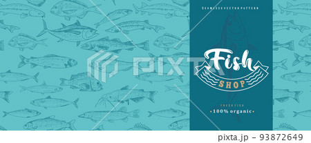 Fish label with seamless pattern 93872649