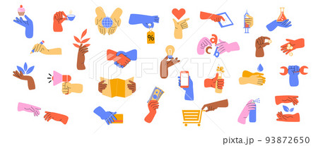 Different objects in human hands on a white background 93872650