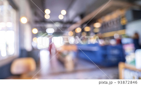 Blurry shopping mall background of store grocery. Blurred background shopping mall light bokeh business event retail store. Blur Convention hall center audience present display goods shelf products 93872846