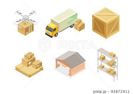 Warehouse as Area for Goods Storage with Drone, Truck and Cardboard Boxes Isometric Vector Set 93872911