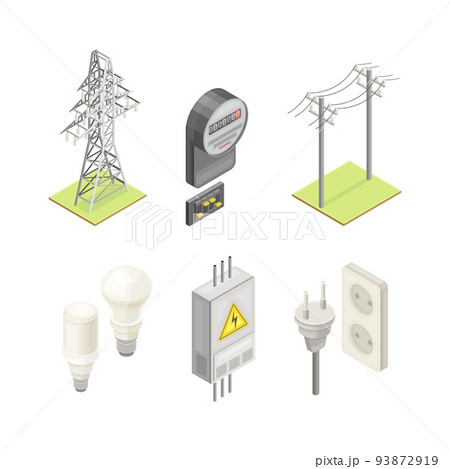 Electric Power Objects with Switchboard Cabinet, Plug and Socket, Lightbulb, Utility Pole and Electricity Meter Isometric Vector Set 93872919