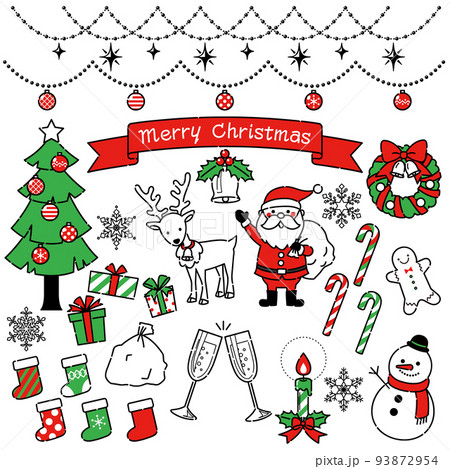 かわいいクリスマスのイラストセット　赤&緑 93872954