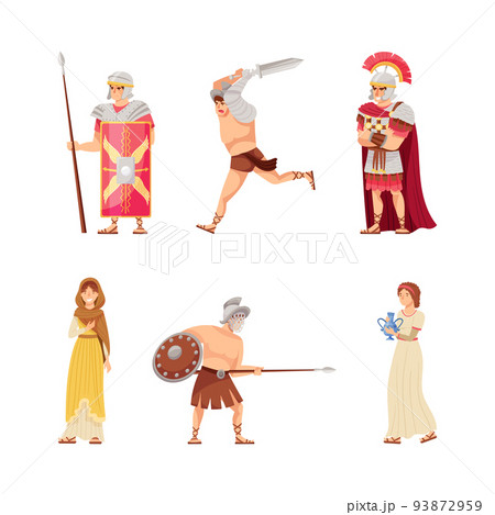 Roman Citizens Character with Female Wearing Long Tunic and Male Warrior with Spear and Shield Vector Set 93872959