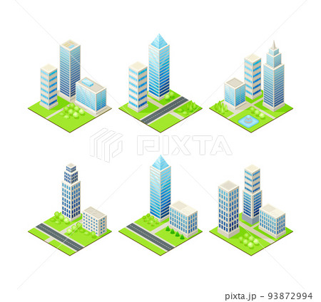 Isometric Cityscape with Tall Multistory Structure on Green Lawn Vector Set Isometric Cityscape with Tall Multistory Structure on Green Lawn Vector Set 93872994