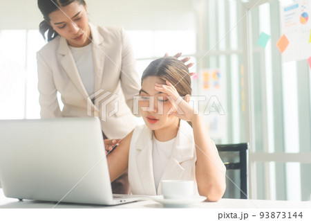 Business asian woman depressed or sad from workplace talking with friend for mental psychotherapy 93873144