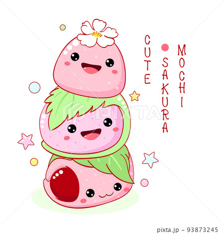 Stack of cute sakura mochi in kawaii style. Japanese traditional cuisine dishes Stack of cute sakura mochi in kawaii style. Japanese traditional cuisine dishes 93873245