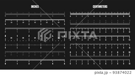 Realistic black centimeter and inch scale for measuring length or height. Various measurement scales with divisions. Ruler, tape measure marks, size indicators. Vector illustration Realistic black centimeter and inch scale for measuring length or height. Various measurement scales with divisions. Ruler, tape measure marks, size indicators. Vector illustration 93874022