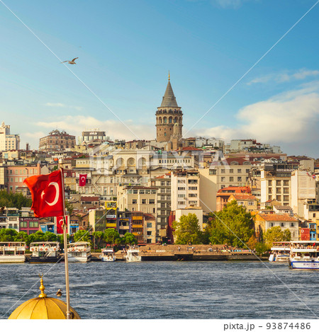Istanbul city view, from the sea with Galata Tower in the far end, before sunset, Turkey, 93874486
