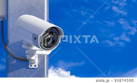 CCTV camera fixed on metal pole with bright sky background. Scan the area for surveillance purposes. CCTV camera fixed on metal pole with bright sky background. Scan the area for surveillance purposes. 93874500