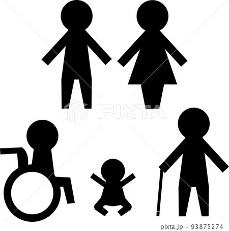 男女と赤ちゃんと車椅子と白杖のピクトグラム 男女と赤ちゃんと車椅子と白杖のピクトグラム 93875274