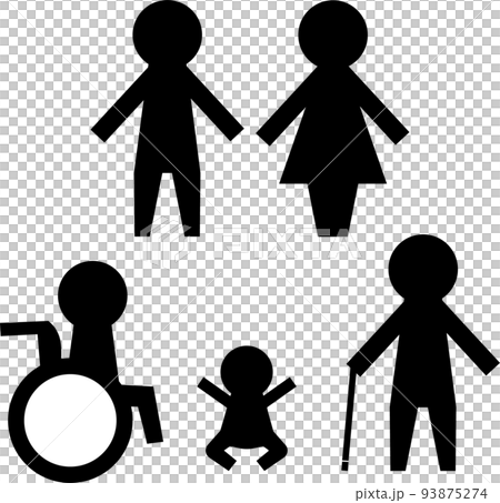 男女と赤ちゃんと車椅子と白杖のピクトグラム 男女と赤ちゃんと車椅子と白杖のピクトグラム 93875274