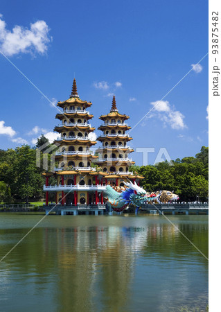 Architecture view of the Dragon and Tiger Pagodas in Lotus Pond of Kaohsiung, Taiwan. it is a temple located at Lotus Pond in Zuoying District, Kaohsiung, Taiwan.  93875482