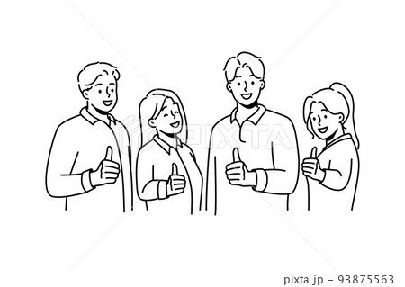 Smiling people show thumbs up giving recommendation Smiling people show thumbs up giving recommendation 93875563