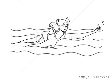 Woman saving man drowning in water Woman saving man drowning in water 93875573