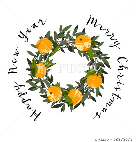 Christmas banner with fresh citrus fruit: mandarin, tangerine, orange, clementine. Winter or summer decoration. Xmas mood. Xmas and New Year. Vector flat cartoon illustration 93875675