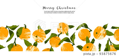 Christmas banner with fresh citrus fruit: mandarin, tangerine, orange, clementine. Winter or summer decoration. Xmas mood. Xmas and New Year. Vector flat cartoon illustration 93875676