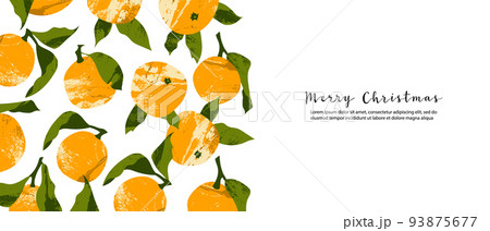 Christmas banner with fresh citrus fruit: mandarin, tangerine, orange, clementine. Winter or summer decoration. Xmas mood. Xmas and New Year. Vector flat cartoon illustration Christmas banner with fresh citrus fruit: mandarin, tangerine, orange, clementine. Winter or summer decoration. Xmas mood. Xmas and New Year. Vector flat cartoon illustration 93875677