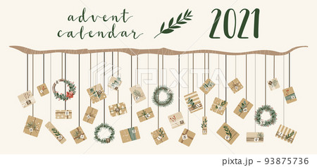 Advent calendar. Christmas presents in kraft paper and wreaths. Rustic gift box. Eco decoration. New Year and Xmas celebration preparation. Vector flat cartoon style Advent calendar. Christmas presents in kraft paper and wreaths. Rustic gift box. Eco decoration. New Year and Xmas celebration preparation. Vector flat cartoon style 93875736