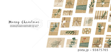 Christmas presents in kraft paper, wreaths. Rustic craft gift box. Eco decoration, eucalyptus, spruce. Xmas and New Year celebration. Vector flat cartoon illustration, winter banner, card, flyer 93875765