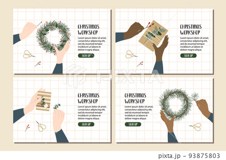 Woman packing a christmas gift, holiday workshop. Eco decoration. Presents in kraft paper. Rustic gift box. Xmas and New Year celebration preparation. Vector flat cartoon style, horizontal flyer Woman packing a christmas gift, holiday workshop. Eco decoration. Presents in kraft paper. Rustic gift box. Xmas and New Year celebration preparation. Vector flat cartoon style, horizontal flyer 93875803