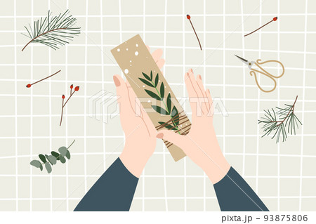 Woman packing a christmas gift, holiday workshop. Eco decoration. Presents in kraft paper. Rustic gift box. Xmas and New Year celebration preparation. Vector flat cartoon style, horizontal flyer 93875806
