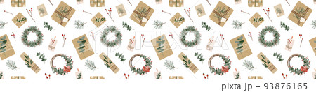 Christmas presents in kraft paper with twine ribbon and wreaths. Rustic gift box. Eco decoration, eucalyptus and spruce. Xmas and New Year celebration preparation. Vector flat seamless pattern 93876165