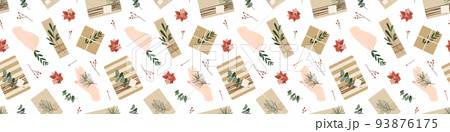 Christmas presents in kraft paper with twine ribbon and wreaths. Rustic gift box. Eco decoration, eucalyptus and spruce. Xmas and New Year celebration preparation. Vector flat seamless pattern Christmas presents in kraft paper with twine ribbon and wreaths. Rustic gift box. Eco decoration, eucalyptus and spruce. Xmas and New Year celebration preparation. Vector flat seamless pattern 93876175