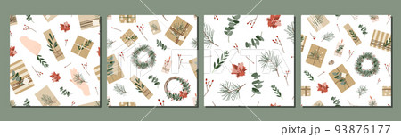 Christmas presents in kraft paper with twine ribbon and wreaths. Rustic gift box. Eco decoration, eucalyptus and spruce. Xmas and New Year celebration preparation. Vector flat seamless pattern 93876177