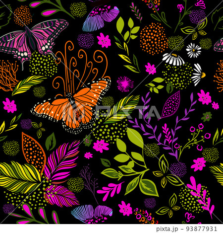 Seamless botanical background with flowers and butterflies. Vector illustration 93877931