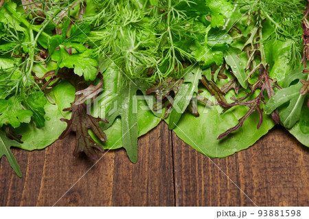 top view of green dill, parsley, salad, herbs and other greens on a dark wooden background, concept of fresh vegetables and healthy food, blank space or copy space for text top view of green dill, parsley, salad, herbs and other greens on a dark wooden background, concept of fresh vegetables and healthy food, blank space or copy space for text 93881598