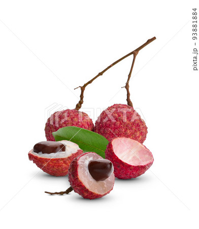 Fresh Lychee fruit and green leaf isolated on white background. Fresh Lychee fruit and green leaf isolated on white background. 93881884