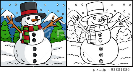 Snowman Coloring Page Colored Illustration 93881886
